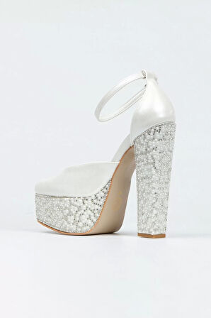 Kadın Moda Şık Cilt Ökçe Poli Inci Taşlı Klasik Köşe Kalıplı Kalın Düğün Nişan Gece Abiye Ayakkabı