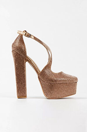 Kadın Moda Şık Gold Sultan Full Taş Klasik Köşe Kalıplı Kalın Düğün Nişan Gece Abiye Ayakkabı