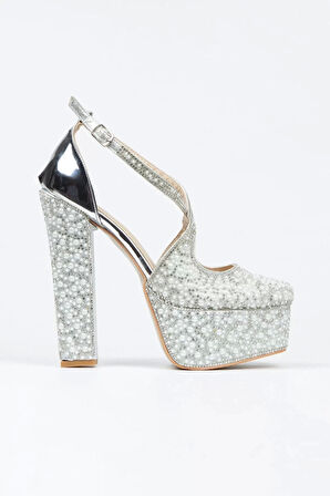 Kadın Moda Gümüş Ayna Full Inci Taşlı Klasik Köşe Kalıplı Kalın Düğün Nişan Gece Abiye Ayakkabı