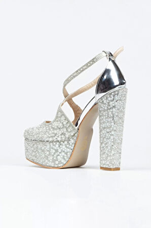 Kadın Moda Gümüş Ayna Full Inci Taşlı Klasik Köşe Kalıplı Kalın Düğün Nişan Gece Abiye Ayakkabı