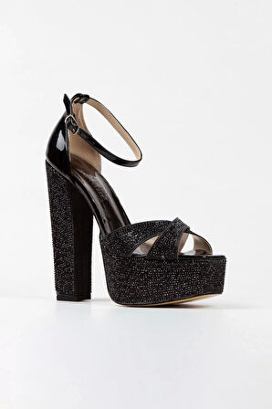 Kadın Moda Şık Platin Ayna Full Taş Klasik Köşe Kalıplı Kalın Düğün Nişan Gece Abiye Ayakkabı