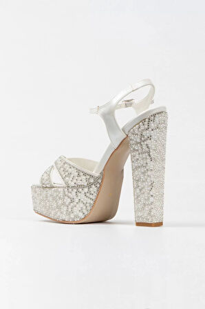 Kadın Moda Şık Gold Ayna Full Inci Taşlı Klasik Köşe Kalıplı Kalın Düğün Nişan Gece Abiye Ayakkabı