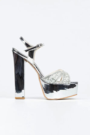 Kadın Moda Şık Gümüş Ayna Yüz Inci Taşlı Klasik Köşe Kalıplı Kalın Düğün Nişan Gece Abiye Ayakkabı