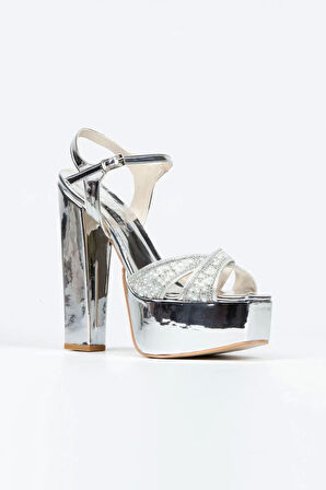 Kadın Moda Şık Gümüş Ayna Yüz Inci Taşlı Klasik Köşe Kalıplı Kalın Düğün Nişan Gece Abiye Ayakkabı