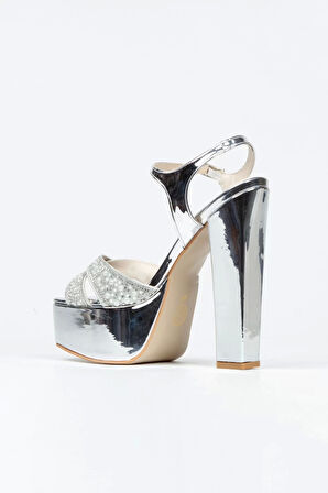 Kadın Moda Şık Gümüş Ayna Yüz Inci Taşlı Klasik Köşe Kalıplı Kalın Düğün Nişan Gece Abiye Ayakkabı