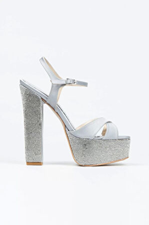 Kadın Moda Gümüş Saten Ökçe-Poli Taşlı Klasik Köşe Kalıplı Kalın Düğün Nişan Gece Abiye Ayakkabı