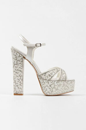 Kadın Moda Platin Ayna Full Inci Taşlı Klasik Köşe Kalıplı Kalın Düğün Nişan Gece Abiye Ayakkabı