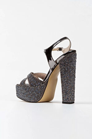 Kadın Moda Platin Ayna Full Inci Taşlı Klasik Köşe Kalıplı Kalın Düğün Nişan Gece Abiye Ayakkabı