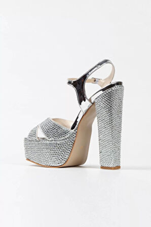 Kadın Moda Şık Gold Ayna Full Taşlı Klasik Köşe Kalıplı Kalın Düğün Nişan Gece Abiye Ayakkabı