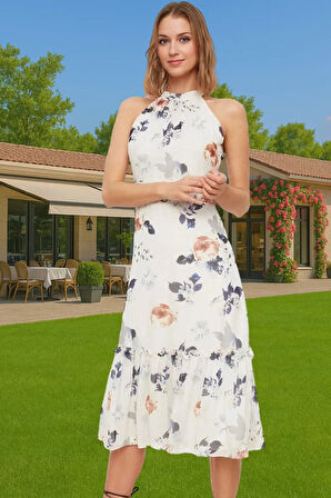 A Kesim Çiçek Desenli Şifon Midi Elbise Halter Yaka Astarlı Yazlık Uzun Ömürlü Günlük Kullanım İçin