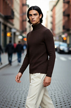 Erkek Fitted Balıkçı Yaka Fitilli Triko Kazak Kış Günleri İçin İdeal Şıklığı ve Konforu Sunar