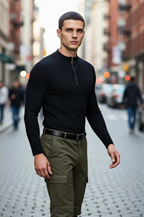 Erkek Fitted Dik Yaka Fermuarlı Fitilli Triko Kazak Kış Sezonu İçin Şık Ve Rahat Pamuk Polyester