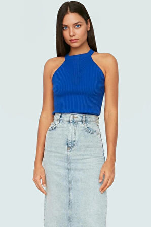 Kadın Basic Halter Yaka Akrilik Triko Bluz Regular Kalıp Zarifane Tasarım Dayanıklı Malzeme