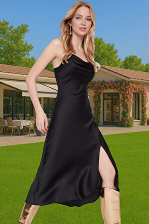 Şık Saten Midi Abiye Elbise Polyester Kumaştan Özel Tasarım Uzun Ömürlü Profesyonel Görünüm