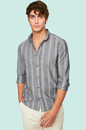 Erkek Slim Fit İnce Çizgili Gömlek Yaka Düğmeli Uzun Kollu Günlük Yaz Aylarının Vazgeçilmezi