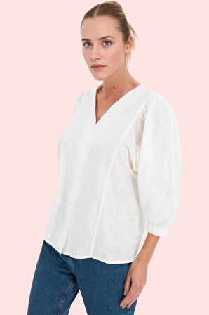 Kadın V Yaka Balon Kol Truvakar Gömlek Pamuklu Günlük Kullanım Hafta Sonu Kaliteli Malzeme