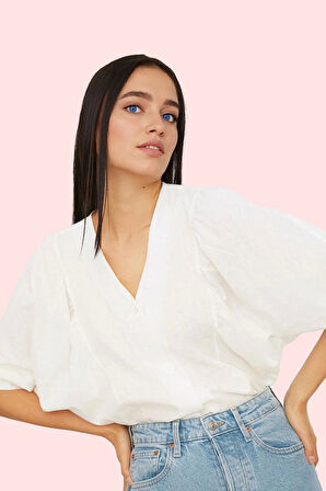 Kadın V Yaka Balon Kol Truvakar Gömlek Pamuklu Günlük Kullanım Hafta Sonu Kaliteli Malzeme