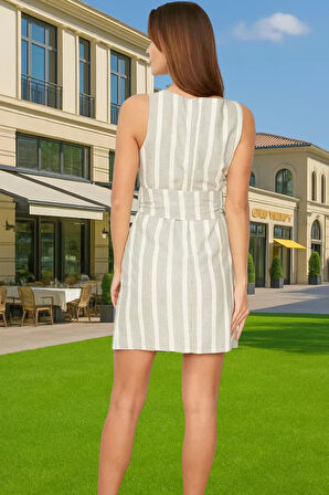 Şık Keten Dokulu Çizgili Mini Elbise Kemerli Viskoz Karışımlı Yazlık Özel Tasarım Modern Stil