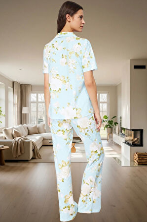 Kadın Pamuklu Çiçek Desenli Pijama Takımı Rahat Kalıp Uzun Paça Modern Stil Kaliteli İşçilik
