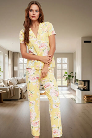 Kadın Çiçekli Desenli Pamuklu Kısa Kollu Pijama Takımı Profesyonel Görünüm Özenle Seçilmiş