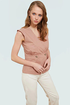 Kadın Keten Görünümlü V Yaka Kolsuz Bluz Pamuklu Yazlık Günlük Seçkin Malzeme Yüksek Kalite