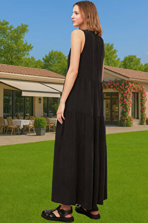 Şık Maxi Boy Kolsuz Viskoz Dokuma Elbise Rahat Günlük Stil Seçkin Malzeme Şık Görünüm Özel Tasarım