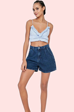 Kadın Denim Şort Yüksek Bel City Short Boru Paça Pamuklu Yaz Aylarının Vazgeçilmezi Günlük Kullanım