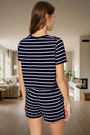 Kadın Çizgili Viskoz Pijama Takımı Rahat Ev Giyim Seti Günlük Kullanım İçin