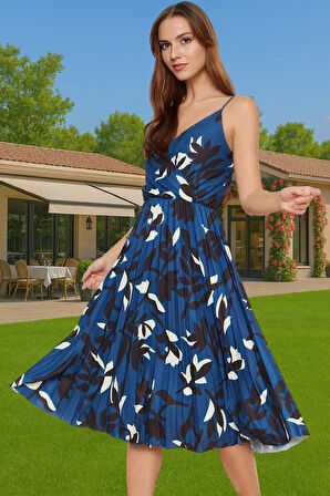 Pileli Midi Elbise Polyester Örme Yazlık Günlük Şık Özenle Seçilmiş Modern Stil Zarifane Tasarım