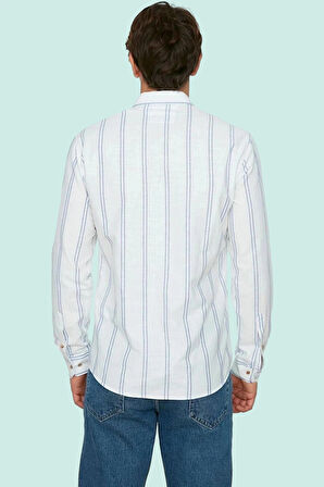 Erkek Slim Fit İnce Çizgili Gömlek Yaka Düğmeli Uzun Kollu Günlük Yaz Aylarının Vazgeçilmezi