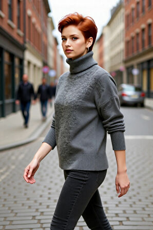 Kadın Oversize Balıkçı Yaka Düşük Kol Triko Kazak Kışlık Soğuk Hava Şıklığı Rahat Giyim Kaliteli