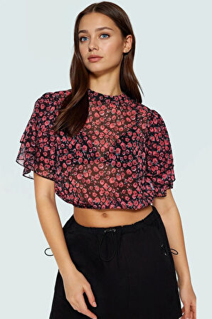 Şifon Kumaşlı Çiçek Desenli Bisiklet Yaka Crop Bluz Yazlık Casual Özel Tasarım Uzun Ömürlü