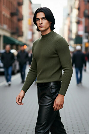 Erkek Fitted Dar Kalıp Dik Yaka Uzun Kol Fitilli Triko Kazak Kış Günleri İçin Şık ve Rahat Seçim