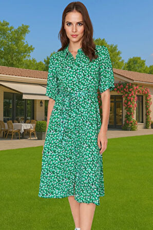 Kadın Midi Boy Gömlek Elbise Animal Desenli Viskoz Kumaş Günlük Stil Modern Stil