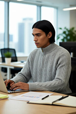 Unisex Regular Fit Fermuarlı Yarım Balıkçı Yaka Kalın Saç Örgü Triko Kazak Kışlık Kombinlerinize