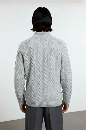 Unisex Regular Fit Fermuarlı Yarım Balıkçı Yaka Kalın Saç Örgü Triko Kazak Kışlık Kombinlerinize