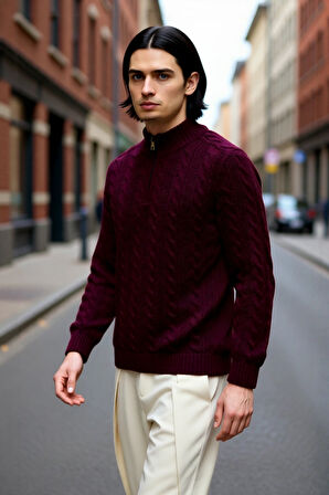 Unisex Regular Fit Fermuarlı Yarım Balıkçı Yaka Kalın Saç Örgü Triko Kazak Kışlık Kombinlerinize