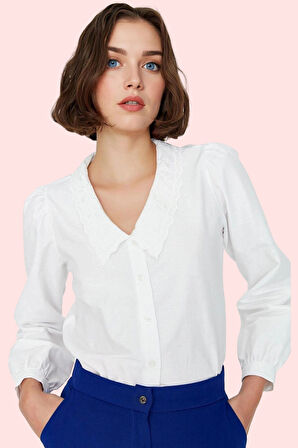 Kadın Basic Gömlek İşlemeli Bebe Yaka Uzun Kol Pamuk Günlük Kullanım Yaz Aylarının Vazgeçilmezi