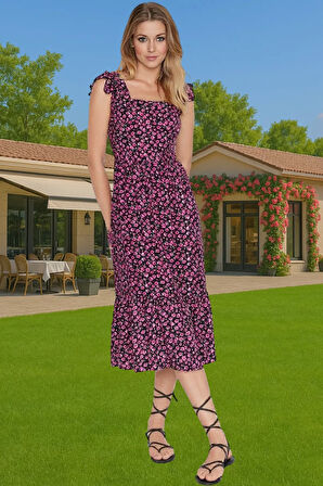 Çiçek Desenli A Kesim Midi Viskoz Elbise Büzgülü Kolsuz Yazlık Dayanıklı Malzeme Profesyonel Görünüm