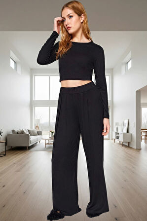 Kadın Viskon Örme Pijama Takımı Rahat Geniş Paça Yüksek Bel Kaliteli İşçilik