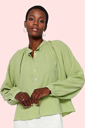 Kadın Gofre Dokuma Gömlek Kareli Desen Hakim Yaka Günlük Kullanım Yaz Aylarının Vazgeçilmezi