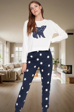 Kadın Yıldız Desenli Pamuklu Pijama Takımı Rahat Kalıp Uzun Paça Mükemmel Uyum Ömürlü