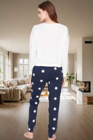 Kadın Yıldız Desenli Pamuklu Pijama Takımı Rahat Kalıp Uzun Paça Mükemmel Uyum Ömürlü