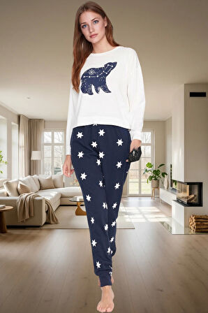 Kadın Yıldız Desenli Pamuklu Pijama Takımı Rahat Kalıp Uzun Paça Mükemmel Uyum Ömürlü