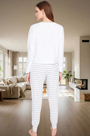 Kadın Çizgili Pamuklu Pijama Takımı Ayıcıklı Desen Rahat Kalıp Şık Görünüm Seçkin Malzeme