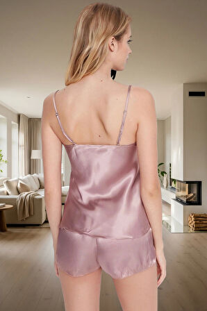 Kadın Saten Pijama Takımı İnce Askılı Dantelli Basic Tasarım Kaliteli İşçilik Trend