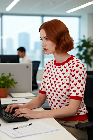 Kadınlar İçin Regular Kalıp Bisiklet Yaka Kısa Kollu Kalp Desenli Akrilik Triko Bluz Modeli