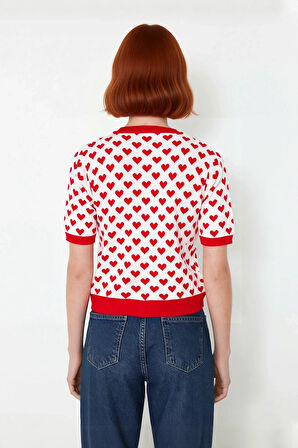 Kadınlar İçin Regular Kalıp Bisiklet Yaka Kısa Kollu Kalp Desenli Akrilik Triko Bluz Modeli