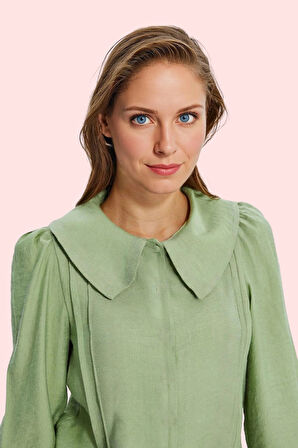 Kadın Regular Kalıp Uzun Kollu Gömlek Dantel Detaylı Bebe Yaka Viskoz Karışımlı Günlük Kullanım