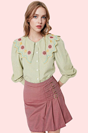 Kadın Gofre Kumaş Bisiklet Yaka Nakış Detaylı Gömlek Günlük Stil Yaz Aylarının Vazgeçilmezi